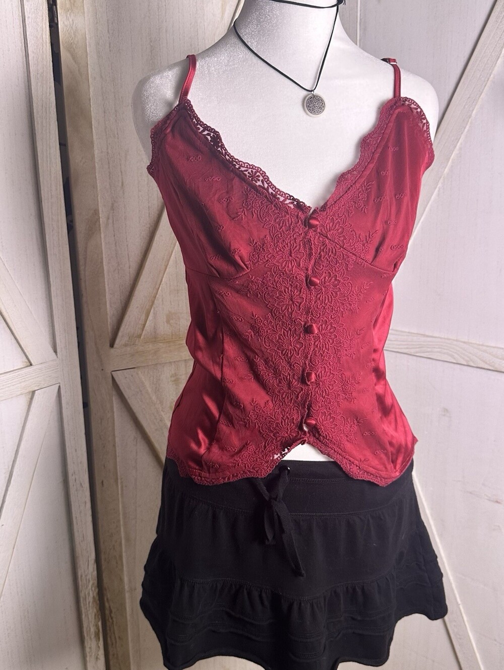 Whimsigoth fairy maroon Satin Lace Trim Button Front Camisole top festival Sz 6